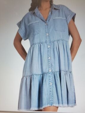 Elan Frayed Denim Shirt Dress, Size Small NWT